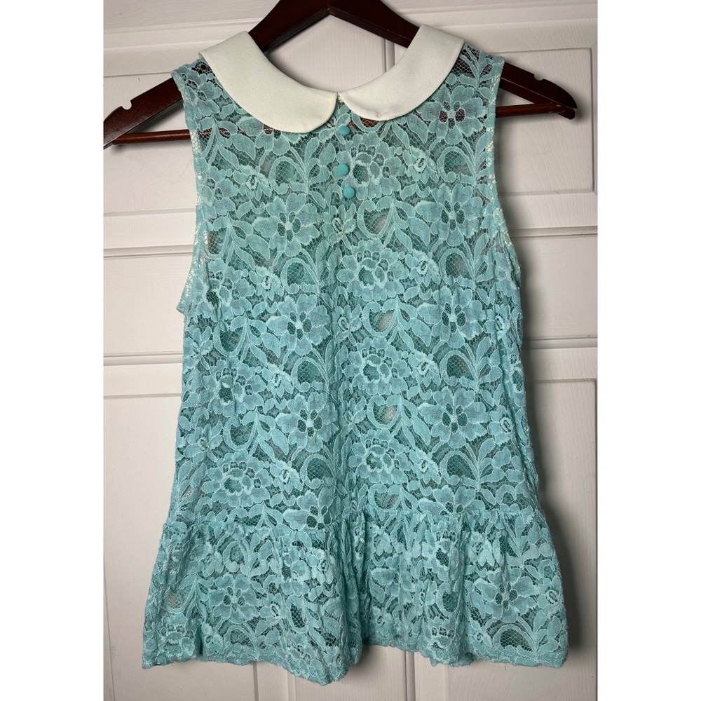 Vintage Chloe K M Turquoise Lace Tank Blouse Ivory Peter Pan Collar‎ Peplum Hem